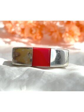 Red Enamel Minimalist & Modernist Sterling Silver 925 Vintage Ring - sz 9.25